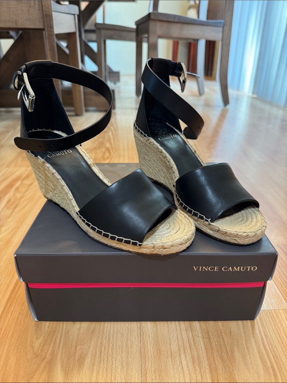Vince Camuto Black Leather Espadrille Wedge Sandals with Ankle Strap
